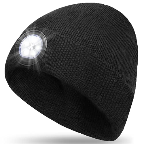 Gifts for Men Dad LED Beanie - Presents for Men Christmas Stocking Fillers Xmas Gift Ideas for Men Husband, Gifts for Him LED Hat Beanie with Light Warm Head Torch Hat Fishing Gifts Black, One Size