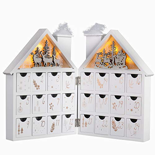 Valery Madelyn 24-Day Christmas Countdown Advent Calendar with LED Lights, Frozen Winter White Wooden House Xmas Decoration for Tabletop, 17.3inch/44cm Long