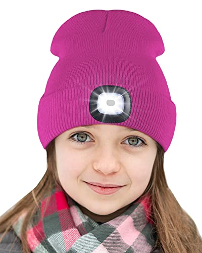 Deilin for Kids, LED Lighted Beanie Hat for Kids, USB Rechargeable 4 LED Headlamp Waterproof Winter Warmer Knit Night Hats with Light for Boys and Girls, Rose Red