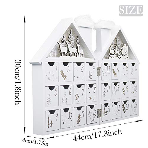 Valery Madelyn 24-Day Christmas Countdown Advent Calendar with LED Lights, Frozen Winter White Wooden House Xmas Decoration for Tabletop, 17.3inch/44cm Long