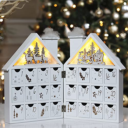 Valery Madelyn 24-Day Christmas Countdown Advent Calendar with LED Lights, Frozen Winter White Wooden House Xmas Decoration for Tabletop, 17.3inch/44cm Long