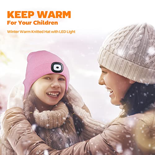 Deilin for Kids, LED Lighted Beanie Hat for Kids, USB Rechargeable 4 LED Headlamp Waterproof Winter Warmer Knit Night Hats with Light for Boys and Girls, Rose Red
