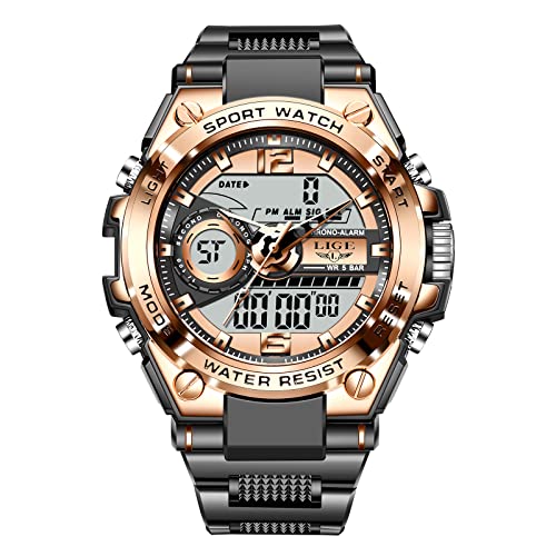 LIGE Digital Watches for Men,Outdoor Military Watches with Analog LED Back Light Tactical Watches Alarm Date Stopwatch Wrist Watches for Men Black Gold