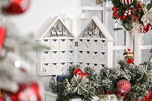 Valery Madelyn 24-Day Christmas Countdown Advent Calendar with LED Lights, Frozen Winter White Wooden House Xmas Decoration for Tabletop, 17.3inch/44cm Long