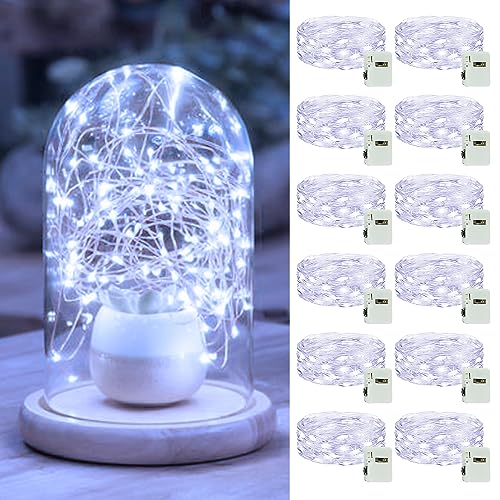 [12 Pack-3 Modes] LED Fairy Lights Battery Operated, 2M 20LED Small String Lights Battery Powered IP65 Waterproof Silver Wire Mini Fairy Lights Indoor Outdoor for Jars, Christmas, Party, Cool White