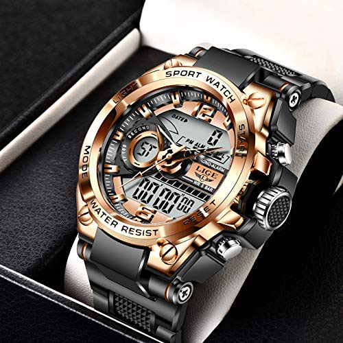 LIGE Digital Watches for Men,Outdoor Military Watches with Analog LED Back Light Tactical Watches Alarm Date Stopwatch Wrist Watches for Men Black Gold