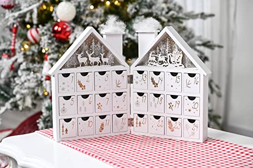 Valery Madelyn 24-Day Christmas Countdown Advent Calendar with LED Lights, Frozen Winter White Wooden House Xmas Decoration for Tabletop, 17.3inch/44cm Long