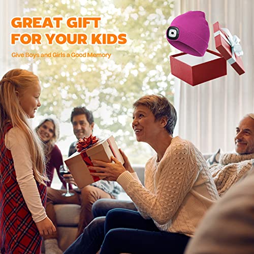 Deilin for Kids, LED Lighted Beanie Hat for Kids, USB Rechargeable 4 LED Headlamp Waterproof Winter Warmer Knit Night Hats with Light for Boys and Girls, Rose Red