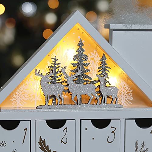 Valery Madelyn 24-Day Christmas Countdown Advent Calendar with LED Lights, Frozen Winter White Wooden House Xmas Decoration for Tabletop, 17.3inch/44cm Long