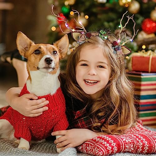 EXCEART Christmas Flower Crown Reindeer Antlers Headband Light Up Led Floral Wreath Headdresses Forest Fairy Costume Photography Hair Hoop for Festive Women Girl