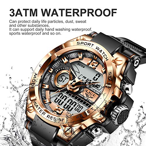 LIGE Digital Watches for Men,Outdoor Military Watches with Analog LED Back Light Tactical Watches Alarm Date Stopwatch Wrist Watches for Men Black Gold