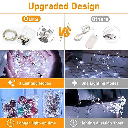 [12 Pack-3 Modes] LED Fairy Lights Battery Operated, 2M 20LED Small String Lights Battery Powered IP65 Waterproof Silver Wire Mini Fairy Lights Indoor Outdoor for Jars, Christmas, Party, Cool White