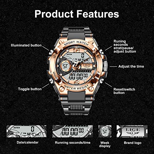 LIGE Digital Watches for Men,Outdoor Military Watches with Analog LED Back Light Tactical Watches Alarm Date Stopwatch Wrist Watches for Men Black Gold