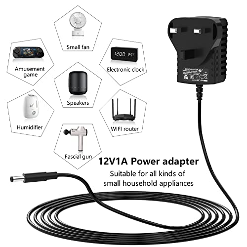 12V 1A Power Adapter, 4.9ft AC 100-240V to DC 12V 1A Power Supply Adapter. 12W Adapter for LED Strip Lights, Audio/Video, Router, DC Connector Jack 5.5mmx2.1mm, UK Plug