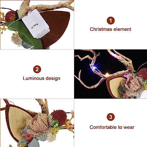 EXCEART Christmas Flower Crown Reindeer Antlers Headband Light Up Led Floral Wreath Headdresses Forest Fairy Costume Photography Hair Hoop for Festive Women Girl