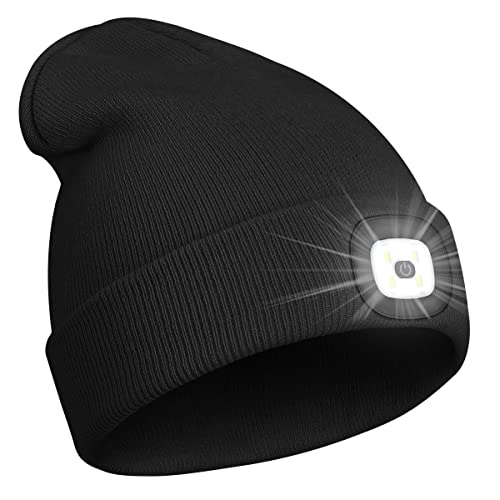 PRAVETTE LED Lighted Beanie Hat,USB Rechargeable Hands Free Headlamp Cap,Unisex Winter Warmer Knit Hat with Light for Men,Women (Black)