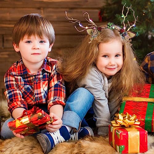 EXCEART Christmas Flower Crown Reindeer Antlers Headband Light Up Led Floral Wreath Headdresses Forest Fairy Costume Photography Hair Hoop for Festive Women Girl