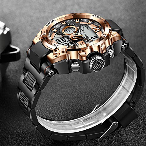 LIGE Digital Watches for Men,Outdoor Military Watches with Analog LED Back Light Tactical Watches Alarm Date Stopwatch Wrist Watches for Men Black Gold