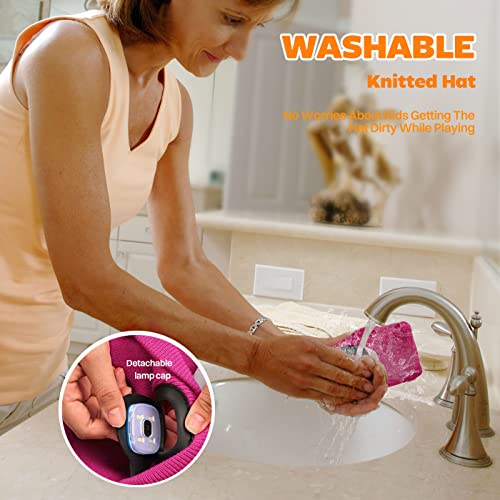 Deilin for Kids, LED Lighted Beanie Hat for Kids, USB Rechargeable 4 LED Headlamp Waterproof Winter Warmer Knit Night Hats with Light for Boys and Girls, Rose Red