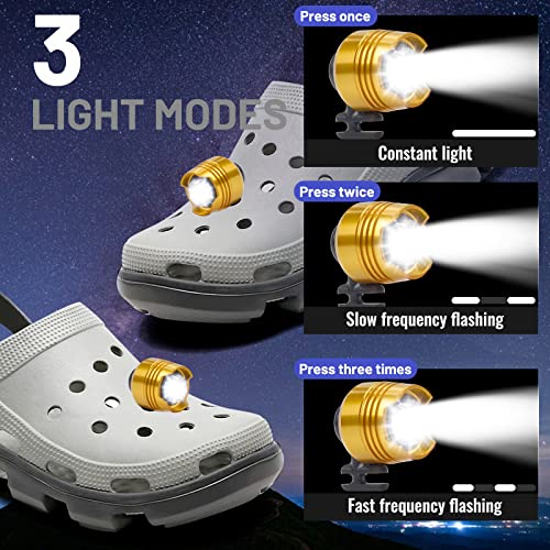 Pipihome 2Pcs Headlights for Croc Shoes, IPX5 Waterproof with 3 Light Modes, Small Lights for Croc Shoe Decoration Charms Funny Shoe Accessories, Christmas Birthday Gift for Adults and Kids (Gold)