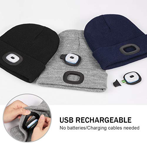 Rechargeable LED Lighted Beanie, Perfect Dad Gifts in Christmas, Stocking Fillers Cap with Light Hands Free Head Torch Unisex Winter Warm Knit Beanie Black