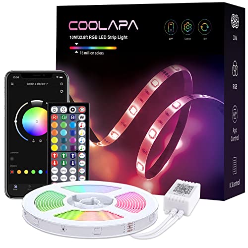 COOLAPA Led Strip Light, 10M Led Light Strips, Color Changing Sync with Music, App Control - 44 Keys IR Remote Control, for TV Kitchen Home Party Christmas Decoration, 1pc x 10m