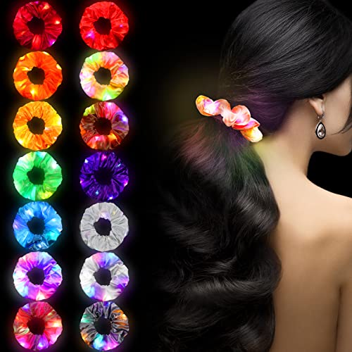 14 Pieces LED Light Hair Scrunchies Luminous Hairband Elastic Hair Bands Satin Elastic Bands Bobbles Ties Ropes for Women Girls, Stylish Elegant Hair Accessories