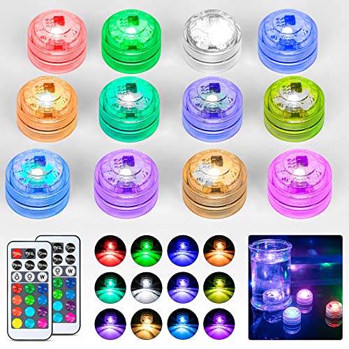 Submersible Led Light, 12pcs Mini led Lights Waterproof RGB Small Tea Lights with Remote for Aquarium Pool Garden Vase Pond, Party Christmas Decorations
