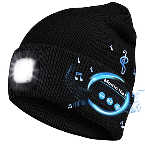 Bluetooth Beanie Hats with Light，Unisex Rechargable LED Beanie with Headphones,Tech Gifts for Men Women Dad（Black