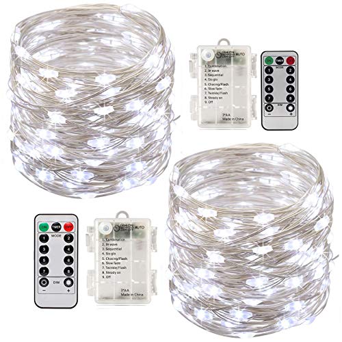 Led String Lights Battery Powered,[2 Pack] 100 LEDs 33ft Fairy String Lights Battery Operated Waterproof 8 Modes with Remote Control Christmas Decoration Lights (Cool White)