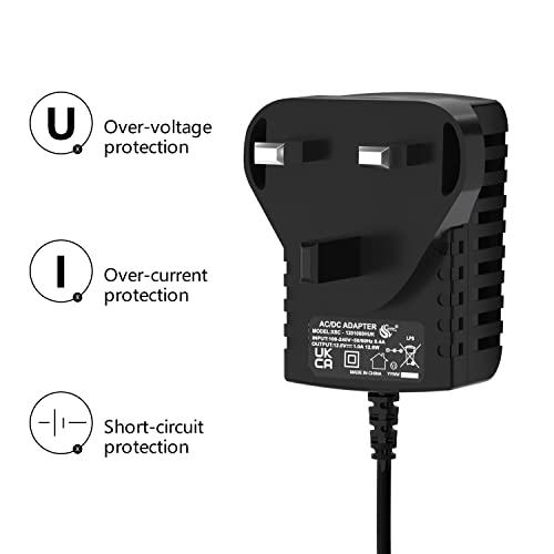 12V 1A Power Adapter, 4.9ft AC 100-240V to DC 12V 1A Power Supply Adapter. 12W Adapter for LED Strip Lights, Audio/Video, Router, DC Connector Jack 5.5mmx2.1mm, UK Plug