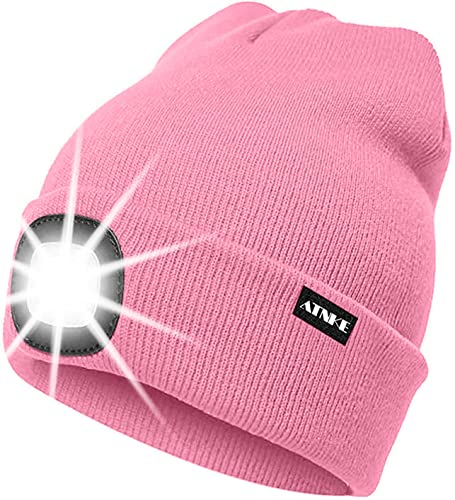 ATNKE LED Lighted Beanie Cap,USB Rechargeable Running Hat Ultra Bright 4 LED Waterproof Light Winter Warm Headlamp Gifts for Men and Women/Pink.
