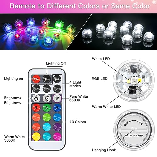 Submersible Led Light, 12pcs Mini led Lights Waterproof RGB Small Tea Lights with Remote for Aquarium Pool Garden Vase Pond, Party Christmas Decorations