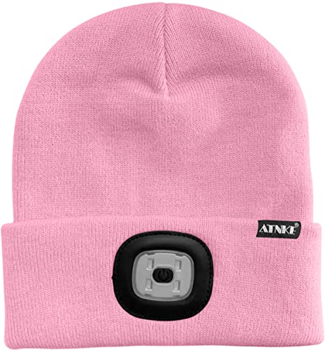 ATNKE LED Lighted Beanie Cap,USB Rechargeable Running Hat Ultra Bright 4 LED Waterproof Light Winter Warm Headlamp Gifts for Men and Women/Pink.