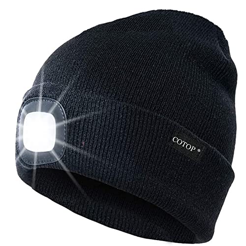 COTOP Unisex LED Headlamp Beanie Cap Men's Women Gift Winter Warm Beanie Hat Hands Free Lighted Beanie Cap for Dog Walking Night, Running, Camping,Hiking Black