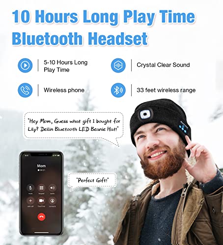 Bluetooth Beanie Hats with Light，Unisex Rechargable LED Beanie with Headphones,Tech Gifts for Men Women Dad（Black