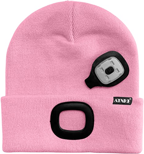 ATNKE LED Lighted Beanie Cap,USB Rechargeable Running Hat Ultra Bright 4 LED Waterproof Light Winter Warm Headlamp Gifts for Men and Women/Pink.