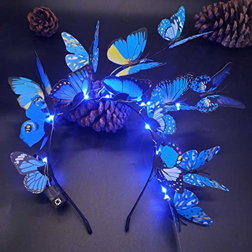 Bramian LED Butterfly Light up Headbands Glowing Headband Christmas Halloween Hair Bands Party Decorative for Women and Girls (Blue Lights)