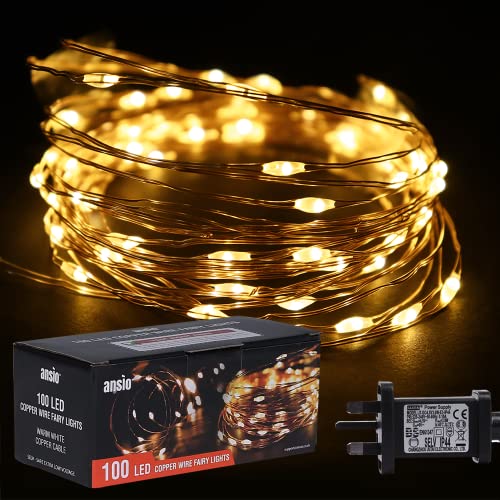 ANSIO Christmas Lights 100 Copper Wire Fairy Lights 10m/32ft Plug in Micro LED String Lights, Indoor Outdoor Use Xmas/Home/Party/Decorations - Warm White