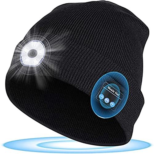 Nircho Bluetooth Beanie Hat with LED Headlight Unisex Musical Knitted Wireless USB Rechargeable Hands Free Headlamp Cap Christmas Winter Warmer Knit Hat with Light Washable for Running Skating Cycling