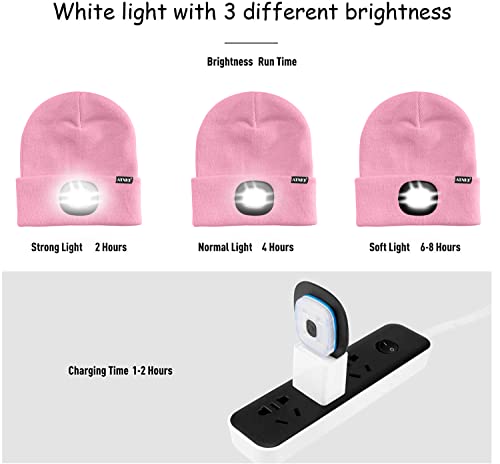 ATNKE LED Lighted Beanie Cap,USB Rechargeable Running Hat Ultra Bright 4 LED Waterproof Light Winter Warm Headlamp Gifts for Men and Women/Pink.
