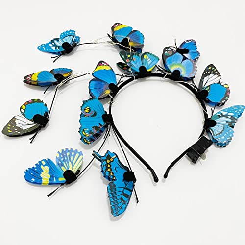 Bramian LED Butterfly Light up Headbands Glowing Headband Christmas Halloween Hair Bands Party Decorative for Women and Girls (Blue Lights)