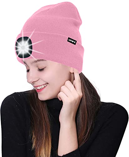ATNKE LED Lighted Beanie Cap,USB Rechargeable Running Hat Ultra Bright 4 LED Waterproof Light Winter Warm Headlamp Gifts for Men and Women/Pink.