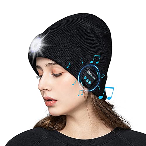Nircho Bluetooth Beanie Hat with LED Headlight Unisex Musical Knitted Wireless USB Rechargeable Hands Free Headlamp Cap Christmas Winter Warmer Knit Hat with Light Washable for Running Skating Cycling