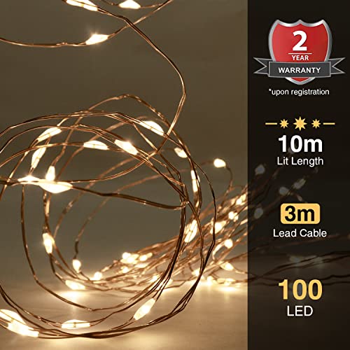 ANSIO Christmas Lights 100 Copper Wire Fairy Lights 10m/32ft Plug in Micro LED String Lights, Indoor Outdoor Use Xmas/Home/Party/Decorations - Warm White
