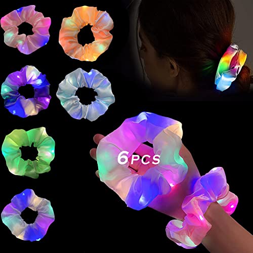6Pcs Hair Scrunchies, LED Light up Elastic Hair Bands, 3 Colors Light Modes, Elastic Silk Hair Bands, Luminous Hair Ties, for Women Girls Christmas Glow Rave in The Dark Party Supplies