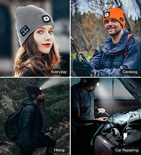 Bluetooth Beanie Hats with Light，Unisex Rechargable LED Beanie with Headphones,Tech Gifts for Men Women Dad（Black