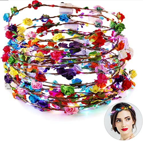 Shenghuo LED Flower Headband, 12Pcs Flower Crowns Headdress Garland Hair Wreath for Women Girls Wedding Party Christmas Holiday Festival