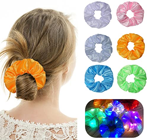 6Pcs Hair Scrunchies, LED Light up Elastic Hair Bands, 3 Colors Light Modes, Elastic Silk Hair Bands, Luminous Hair Ties, for Women Girls Christmas Glow Rave in The Dark Party Supplies
