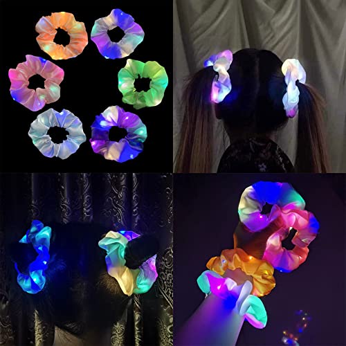 6 Pcs LED Scrunchies for Women, Led Glow Hair Bands, Light Up Hair Scrunchy for Girls, 3 Colors Light Modes, for Women Girls Christmas Glow Rave in the Dark Party Supplies
